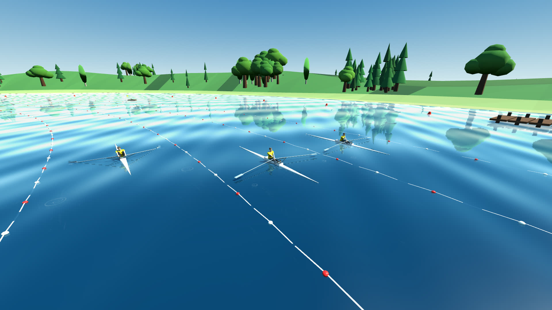 Three single sculls rowing across a calm low-poly lake between lane buoys, seen from above.